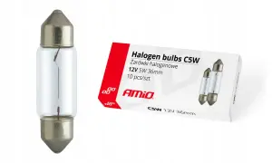 Pojedyncza żarówka halogenowa C5W 12V 36mm obok opakowania z dwoma żarówkami.