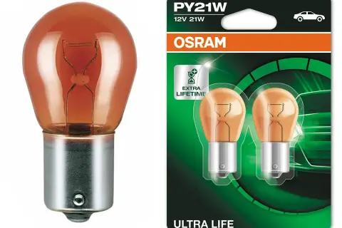 Żarówka samochodowa PY21W Osram Ultra Life. Różnica między p21w a py21w to właśnie ten pomarańczowy kolor.