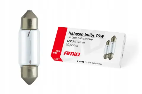 Pojedyncza żarówka halogenowa C5W 12V 36mm obok opakowania z dwoma żarówkami.