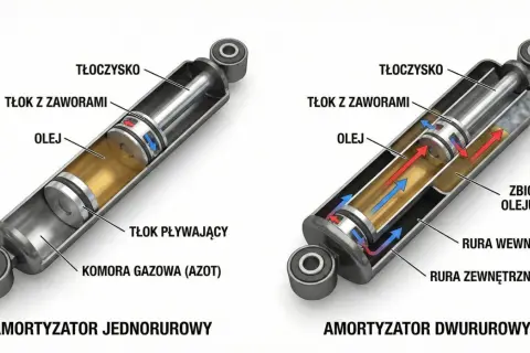 Schemat amortyzatorów: jednorurowego i dwururowego. Pokazują tłoczysko, tłok z zaworami, olej i komorę gazową. Wybierz najtrwalsze amortyzatory dla swojego pojazdu.