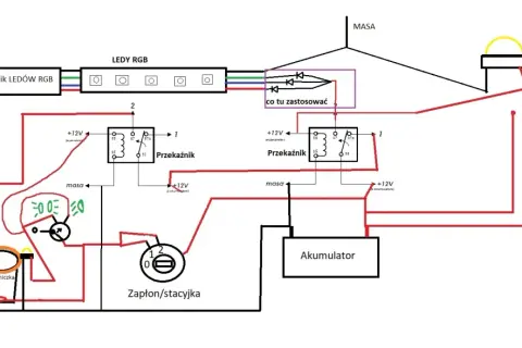 Schemat pokazuje, jak podłączyć LED bar w samochodzie, wykorzystując przekaźniki, sterownik RGB, zapłon, akumulator i czujnik drzwi.