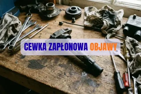 Warsztat samochodowy z narzędziami i częściami. Na blacie leży cewka zapłonowa, a obok klucze i śrubokręty. Tekst: "CEWKA ZAPŁONOWA OBJAWY".