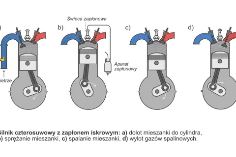 Schemat budowy silnika czterosuwowego: a) dolot, b) sprężanie, c) spalanie, d) wylot spalin.