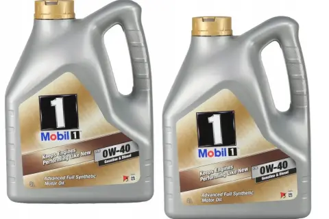 Dwa litrowe kanistry oleju Mobil 1 0W-40 do silników benzynowych i diesla.