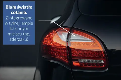 Nowoczesne światła tylne w samochodzie, z białym światłem cofania zintegrowanym w lampie.