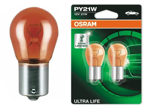 Żarówka samochodowa PY21W Osram Ultra Life. Różnica między p21w a py21w to właśnie ten pomarańczowy kolor.