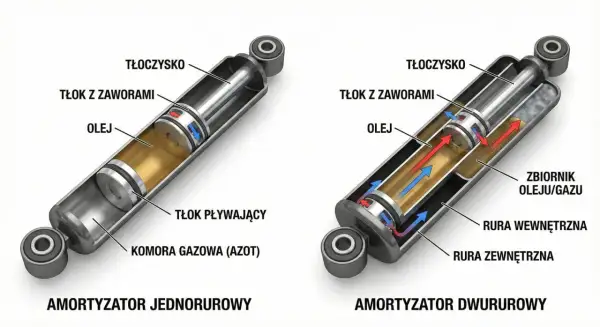 Schemat amortyzatorów: jednorurowego i dwururowego. Pokazują tłoczysko, tłok z zaworami, olej i komorę gazową. Wybierz najtrwalsze amortyzatory dla swojego pojazdu.